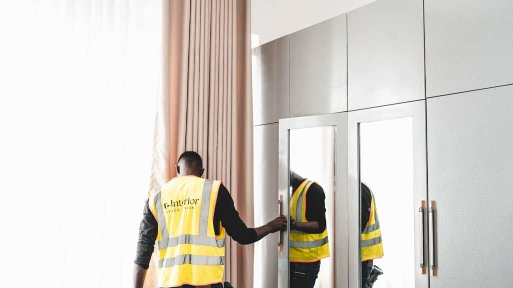 Montador revisando el ajuste de las puertas de un armario ropero con espejo